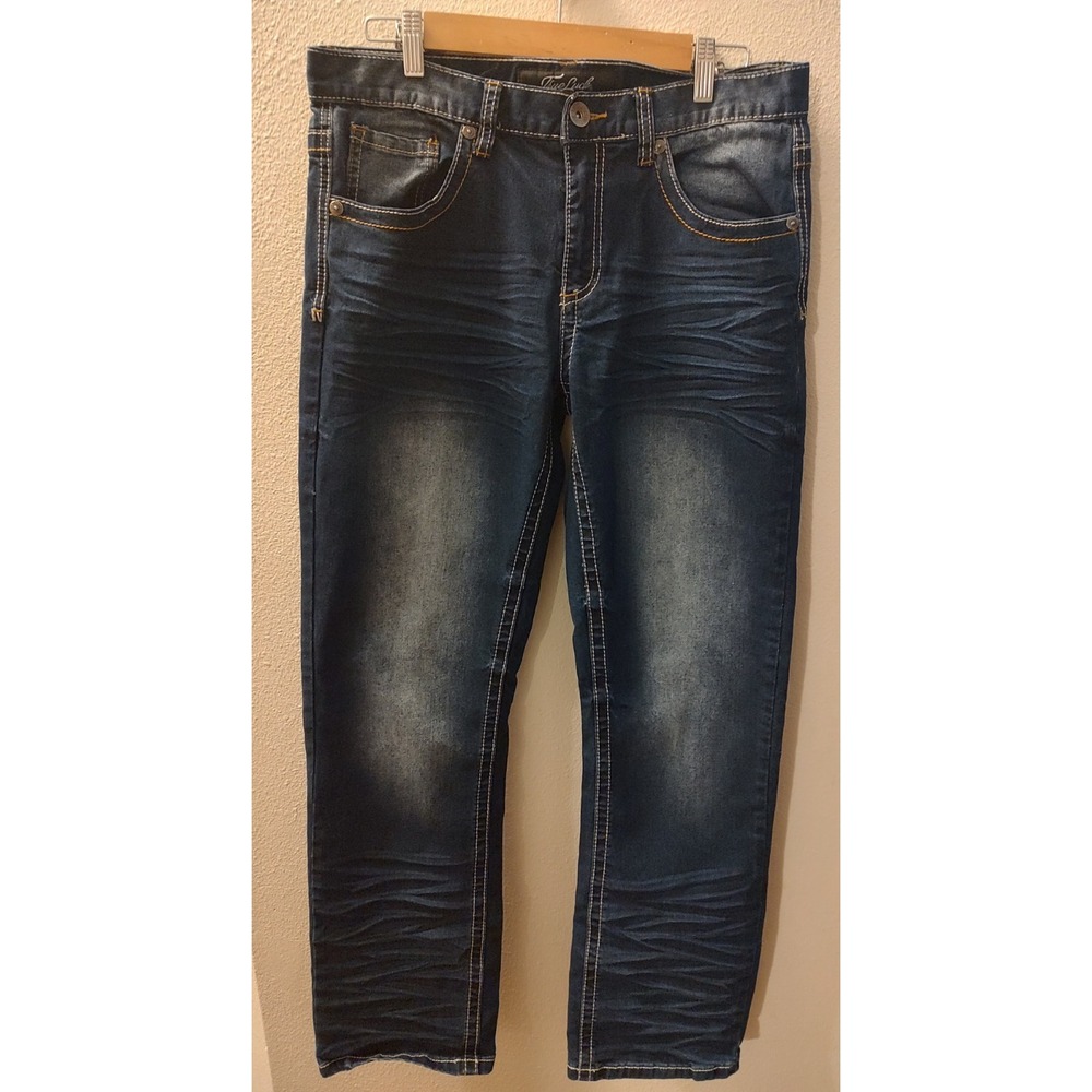 True Luck Jeans Mens 32x32 Dark Wash Denim Regular Straight Distressed Jeans F4